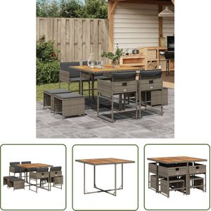 The Living Store 9-delige Tuinset met kussens poly rattan grijs - Tuinset - Buitenmeubel - Lounge Set - Eetkamerset - Patio Set