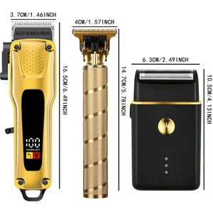Professionele Gouden Trimmer & Haar Knipper Set voor Mannen – USB Oplaadbaar – Met LCD Display, T-Vorm Mes, Scheerapparaat & Haardroger – Luxe Grooming Kit