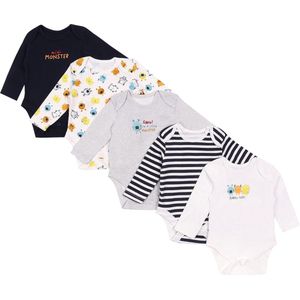 5x OEKO-TEX katoenen blauw-witte Monster romper