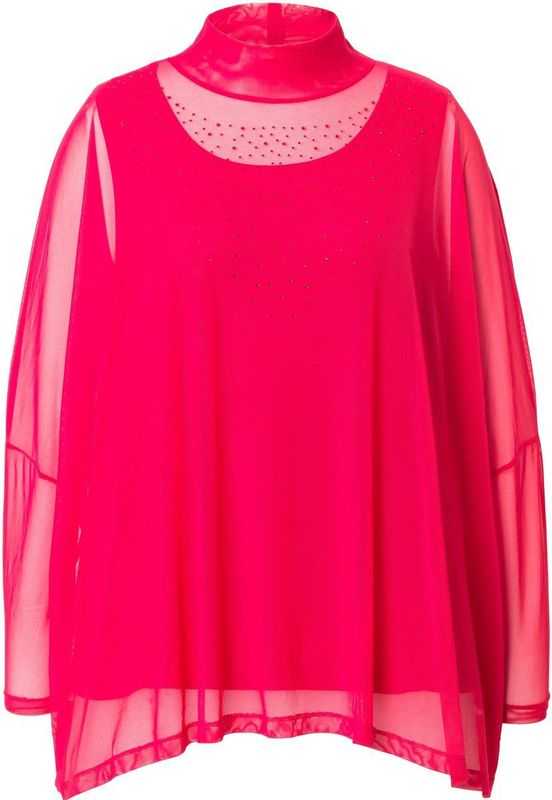 MIAMODA - Dames - Blouse oversized mesh glittersteentjes top - Neonrood - Maat 42+