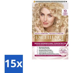 15 x L'Oréal Excellence Crème Permanente Crèmekleuring 10 Extra Lichtblond - Haarverf - Grijsdekking - Permanente Haarkleuring - Crème Kleuring - Haarverf Crème