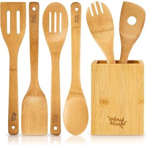 Ecologische set van 6 keukenaccessoires incl. opbergbox - Bamboe kookbestek - 100% duurzaam - Spatelset - Keukenhulpjes - Kooklepel - Keukengerei