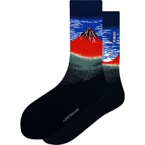 Kunst Sokken - Red Fuji - Maat 41-46 - Hokusai - Leuke Sokken van Biologisch Katoen - Grappige Sokken Heren en Dames - Vrolijke Sokken Mannen en Vrouwen - Funny Socks