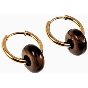 ∅16mm Oorringen met Tijgeroog Stenen - Verguld Stalen - Dames Oorbellen met Donut Hangers