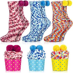 SaiXuan Knuffelsokken voor dames, in taartdesign, 3 paar (roze, geel, lichtblauw), voor Valentijnsdag, verjaardagscadeau, kerstcadeaus voor vrouwen, dames, maat 36-42, herbruikbaar, Meerkleurig, 36-42