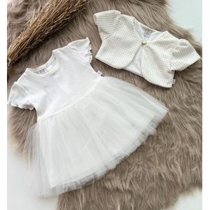 luxe feestjurk met korte mouwen-bruidsjurk-doopkleding-tule jurk met jasje-blaadjesmotief-baby jurk-tweedelige set- katoenen jurk met steentjes en bloem-bruidsmeisjes-doopsel-bruiloft-verjaardag-fotoshoot- wit ivoor kleur - maat 80 - 9 tem 12 maanden