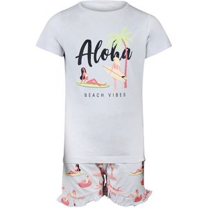 Een Super leuke meisje Shortama met een zonnige print Aloha. In de kleur licht grijs met pastelkleuren. Maat 158/164. Van het bekende merk PEBBLE STONE