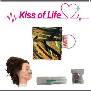 Kiss of Life Sleutelhanger | Reanimatiemasker, Beademingsmasker, CPR masker | Geel - Groen Zwart - Oranje | Handgemaakt, Uniek | Steun het goede doel