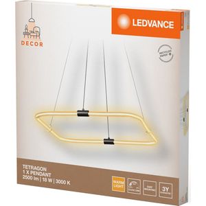 LEDVANCE Decor Tetragon hanglamp van gebogen polycarbonaat met LED en filamentontwerp, 18 W, 2000 lm, 3000 K, 830 warm wit, click dimbaar, donkergrijs, kunststof (PC)