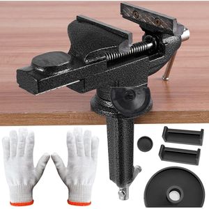 Grote 80 mm gegoten stalen bankschroef - draaibaar 360 graden - met handschoenen - tafelklem - antislip bekken - klembaar voor houtbewerking - staalbewerking - werkbank boren