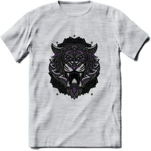 Tijger - Dieren Mandala T-Shirt | Paars | Grappig Verjaardag Zentangle Dierenkop Cadeau Shirt | Dames - Heren - Unisex | Wildlife Tshirt Kleding Kado | - Licht Grijs - Gemaleerd - XXL