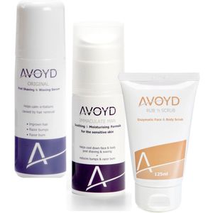 Avoyd ComfortPluspakket man - Set van 3 producten - Avoyd Original 90ml + Avoyd Immaculate Man 50ml + Avoyd Rub 'n Scrub 125ml - Voorkomt ingegroeide haartjes, scheerirritatie & rode scheerbultjes