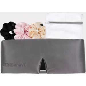Lune & Eve® Silk Sleep & Style Set – Antraciet – Zijden Slaapmasker, Grote Scrunchies & Waszakje – 23 Momme Mulberry Silk – Antibacterieel & Hypoallergeen – Haarvriendelijke Slaapbundel