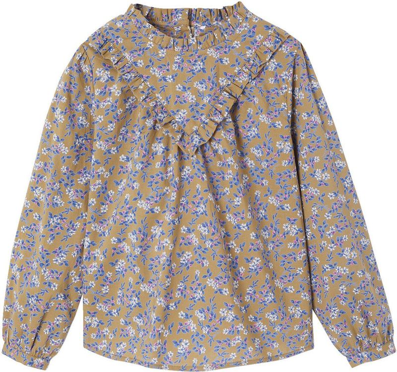 Blouse - Olijf - Meisjes - Hoge Kraag - Bloemenprint