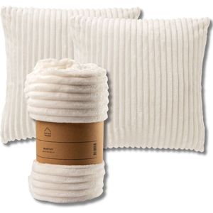 Dutch Decor - VOORDEELSET - 3-delig - Mart & Marthy - 2 sierkussens 45x45 cm - 1 plaid 140x180 cm - wit - Met Ritssluiting – Decoratie Kussens - Comfortabele kussentjes voor op de Bank