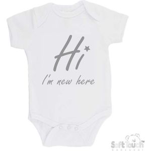 100% katoenen Romper ""Hi I'm new here"" Met Een Sterretje Unisex Katoen Wit/grijs Maat 62/68