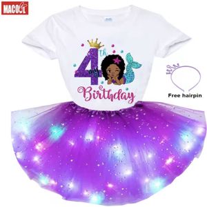 Birthday Dress - Maat: 130 cm - Leeftijd: 4 Jaar - Black Girl Magic - Brown Skin Girl - Shirt & Tutu met Lichtjes - Let op de maat! - Black Mermaid - Zeemeermin - Dark Skin - Afro Hair - Black Beauty - My Birthday Dress - Verjaardag Jurk / Feest Jurk