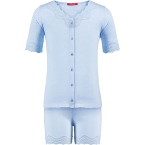 Exclusief Luxueus Kinder nachtkleding Luxe mooie zacht blauwe Girly Shorty Pyjama Set van Hanssop met verfijnde kant details, Meisjes shorty pyjama, licht blauw, maat 116
