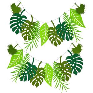 Set van 2 groene tropische palmbladeren slinger - 4,6 m tropische bladbannerslinger, herbruikbare vilten bladvlaggenlijn voor verjaardagsfeestje, Hawaiiaans feest, jungle themafeest (groen)