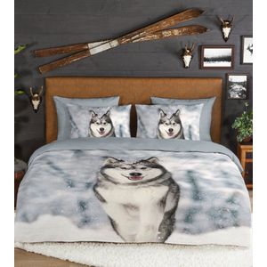 Good Morning Dekbedovertrek ""husky hond"" - Grijs - (240x200/220 cm) - Katoen Flanel