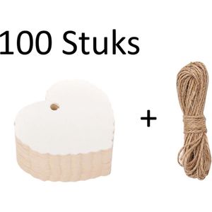 FISKA - 100x Cadeaulabels Hart Wit kraftpapier/karton incl Touw - 6cm x 6 cm - Cadeau tags/etiketten - Cadeau versieringen/decoratie - Label Hart Wit - Labels Karton