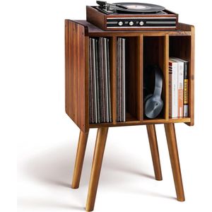 Platenspeler Meubel – Stand Platenspelerstandaard Met Vinyl Opbergvakken - Rustieke Platenopbergkasthouder - Voor 100 albums - Draaitafelstandaard – Bruine Bijzettafel