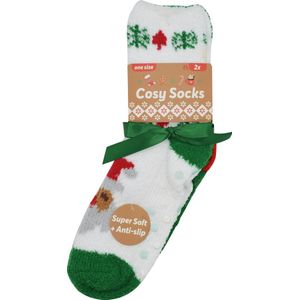 Huissokken Dames - Fluffy Kerst sokken - antislip - 2 PAAR - Rood, Wit & Groen - zeer zacht - verwarmende gripsokken - bedsokken - kerstcadeau voor vrouwen