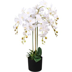 The Living Store Orchidee Decoratieve Kunstplant - 75 cm - Realistische Uitstraling - 9 Bladeren - 43 Bloemen - Inclusief Pot - Wit - Polyester