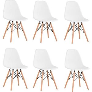 Wildor® Stoelen set van 6 nordic stijl wit- Eetkamerstoelen - Plastic zitting - Beukenhout stoelpoten - Wit- Zithoogte 43cm