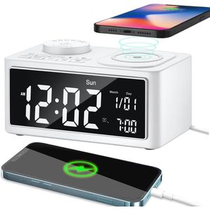 Wekkerradio met Draadloze Oplaadplaat, Bluetooth Speaker en Dubbel Alarm – FM Radio met Snooze en USB-Opladen – Wit