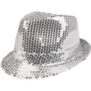 Toppers - Funny Fashion Carnaval verkleed Trilby hoedje met glitter pailletten - zilver - heren/dames