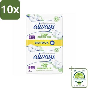 10 x Always - Maandverband - Long - Cotton Protection - Met Vleugels - Maat 2 - 18 Maandverband - Grootverpakking - Maandverband - Biologisch Katoen - Always Cotton Protection - Maandverband Met Vleugels - Maandverband Maat 2