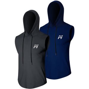 MEETEU Heren workout tanktops met capuchon (2-pack) mouwloze gym hoodies bodybuilding muscle cut-off T-shirt-Grijs/Blauw-L