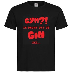 T-shirt Unisex Volwassenen Lol - carnaval - kermis - feestje - grappig - verjaardag Tekst ""Gym?! Ik dacht dat je GIN zei..."" Op Voorkant | korte mouw | Zwart/rood | maat XXL