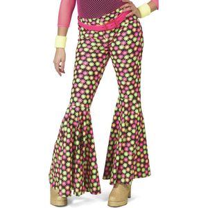 Funny Fashion - Hippie Kostuum - Fluor Flower Power Goes Disco Broek Vrouw - Geel, Roze - Maat 36-38 - Carnavalskleding - Verkleedkleding