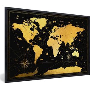 Fotolijst incl. Poster - Wereldkaart - Goud - Zwart - Luxe - 60x40 cm - Posterlijst