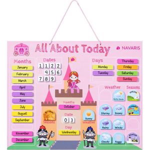 Navaris leerkalender voor kinderen - Magnetisch kalenderbord met seizoenen en het weer - Jaarkalender met magneten in het Engels - Roze prinses