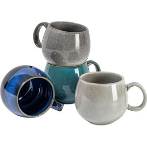 Koffiekopjes, 600 ml, porseleinen koffiemokken met handvat, 4-delige porseleinen kopjes voor thee, koffie, melk, cappuccino, blauw/groen/lichtgrijs/donkergrijs