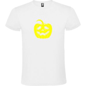 Wit T-Shirt met “ Halloween Pompoen “ afbeelding Neon Geel Size L