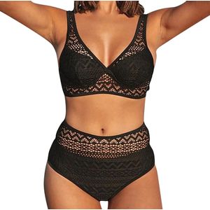 Hoge Taille Bikini met Gebreide Bovenlaag - Dames Strandkleding Zwart - Topkwaliteit - Doorschijnend Ontdek de perfecte combinatie van elegantie en stijl met deze hoge taille bikini met gebreide bovenlaag. Deze zwarte bikini biedt een trendy en verf