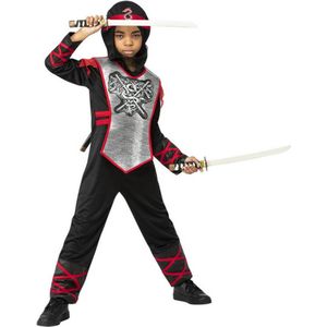 Smiffy's - Ninja & Samurai Kostuum - Deluxe Silver Ninja Heija Kind Kostuum - Zwart - Large - Carnavalskleding - Verkleedkleding