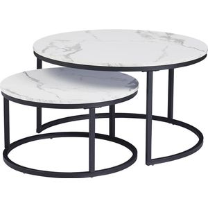 MS® - Ronde salontafel - Set van 2 - Zwarte frame - Marmer tafelblad - Bijzettafel - Koffie tafel - Functioneel - Ø 80 cm + Ø 60 cm