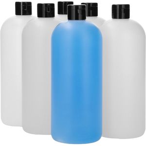 6 x 1000 ml ronde fles HDPE naturel + Klepdop Zwart - BPA Vrij - Niet Breekbaar - Plastic Flesjes Navulbaar - Met Dop - Lege Flessen - 6 stuks.
