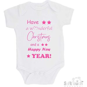100% katoenen Romper ""Have a wonderful Christmas and a happy New year!"" Kerst Kerstmis Nieuwjaar Meisjes Katoen Wit/roze Maat 68/74