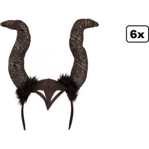 6x Diadeem black hoorns - zwart - Hoofddeksel haarband festival thema feest optocht heks halloween