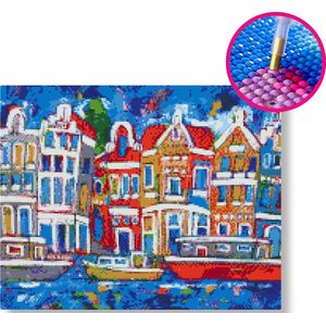 Bootjes in de gracht | Diamond painting | 80x100cm | Ronde steentjes | Los canvas | Vrolijk Schilderij | Corrie Leushuis