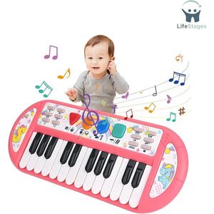 LifeStages - Kinder Piano - Pianotoetsenbord voor Kinderen - 24 Toetsen - Multifunctioneel - Muziektoetsenbord met Licht - Opname en Afspelen - Elektronisch Toetsenbord voor Kinderen - Educatief Speelgoed voor Verjaardag, 3+ jaar oud - Roze