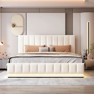 Crossover Retail® - Tweepersoonsbed 160x200 - Bed Met Opbergruimte - Gestoffeerd Bedframe - Incl. Latenbodem - Incl. LED Verlichting - Beige