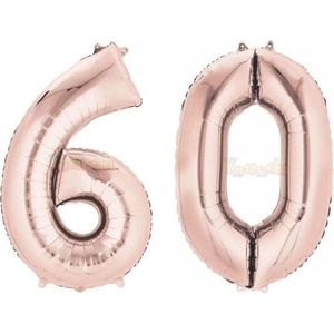 60 Jaar Folie Ballonnen Rosé Goud - Happy Birthday - Foil Balloon - Versiering - Verjaardag - Man / Vrouw - Feest - Inclusief Opblaas Stokje & Clip - XXL - 115 cm