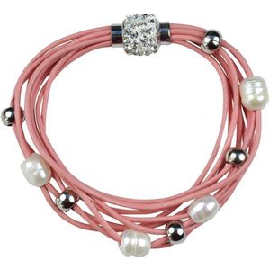 Zoetwater parel armband Bling Pearl Pink - echte parels - echte leer - wit - roze - zilver - magneetslot